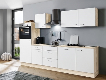 Menke Küchenblock Classic 280 cm weiß matt mit Backofen Geschirrspüler Glaskeramik Kochfeld Dunsthaube Kühlschrank Spüle