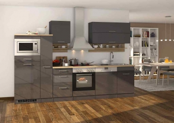 Held Möbel Küchenblock Mailand 310 cm mit Geschirrspüler und Apothekerauszug grau hochglanz 572.1.6211