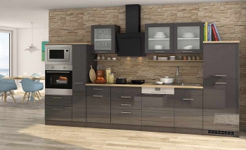 Held Möbel Küchenblock Mailand 370 cm mit Apothekerauszug grau hochglanz ohne Elektrogeräte 589.1.6211