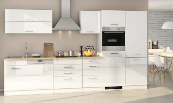 Held Möbel Küchenblock Mailand 360 cm weiß hochglanz ohne Elektrogeräte mit Spüle (Geschirrspüler geeignet) 630.1.6210