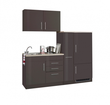 Held Möbel Singleküche Toronto 190 cm graphit hochglanz mit Apothekerschrank Kühlschrank Kochmulde und Einbauspüle 782.1.6511