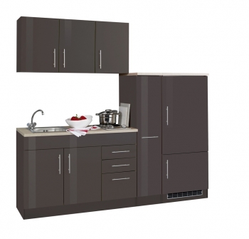 Held Möbel Singleküche Toronto 210 cm graphit hochglanz mit Apothekerschrank Kühlschrank Kochmulde und Einbauspüle 783.1.6511