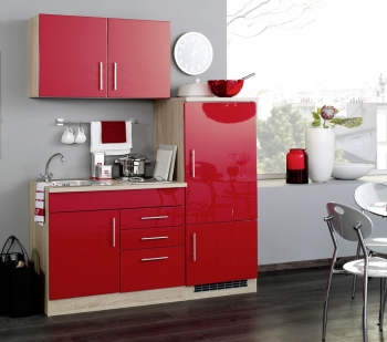 Held Möbel Singleküche Toronto 160 cm in rot hochglanz mit Kühlschrank Kochmulde und Einbauspüle in Edelstahl 909.6508