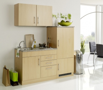 Held Möbel Singleküche Toronto 160 cm in Buche Nachbildung mit Kühlschrank Kochmulde und Einbauspüle in Edelstahl 909.6510