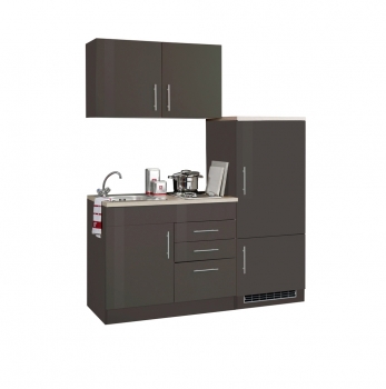 Held Möbel Singleküche Toronto 160 cm in graphit hochglanz mit Kühlschrank Kochmulde und Einbauspüle in Edelstahl 909.6511