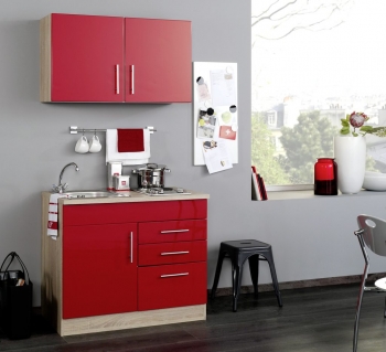 Held Möbel Singleküche Toronto 100 cm in rot hochglanz mit Kochmulde und Einbauspüle in Edelstahl 973.6508