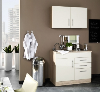Held Möbel Singleküche Toronto 100 cm in creme hochglanz mit Kochmulde und Einbauspüle in Edelstahl 973.6509