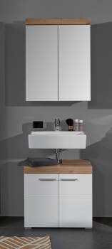 Trendteam Badezimmer Badmöbel Kombination Amanda 139390707 weiß hochglanz / Asteiche Nachbildung mit Waschbecken Unterschrank Spiegelschrank