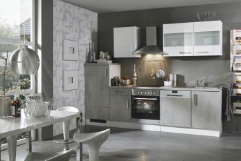 Menke Küchenblock mit Glaskeramikkochfeld und Geschirrspüler Mara 280 cm in Lack weiß hochglanz / Beton Optik