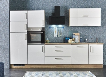Menke Küchenblock Jasmin 320 cm in weiß hochglanz mit Glaskeramik Kochfeld Geschirrspüler und Kühl.- Gefrierkombination 1592-102-03-320-002