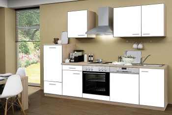Menke Küchenblock mit Chrom Kochmulde und Geschirrspüler Classic 280 cm in weiß matt