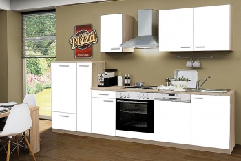 Menke Küchenblock mit Chrom Kochmulde und Geschirrspüler Classic 300 cm in weiß matt