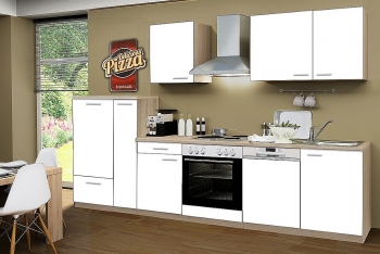 Menke Küchenblock mit Chrom Kochmulde und Geschirrspüler Classic 310 cm in weiß matt