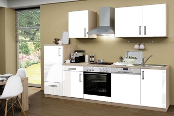 Menke Küchenblock mit Glaskeramikkochfeld und Geschirrspüler Premium 280 cm in weiß glänzend