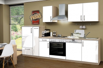 Menke Küchenblock mit Chrom Kochmulde und Geschirrspüler Premium 300 cm in weiß glänzend