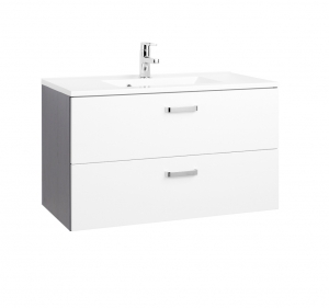 Held Möbel Bad Badezimmer WC Waschtisch Bologna in hochglanz weiß / graphitgrau 90 cm mit Vollauszügen inkl. Mineralgussbecken in weiß