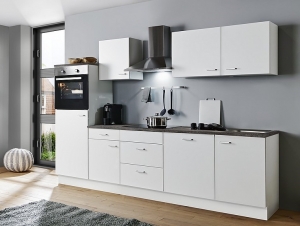 Menke Küchenzeile Classic 280 cm weiß matt mit Backofen Geschirrspüler Glaskeramik Kochfeld Dunsthaube Kühlschrank