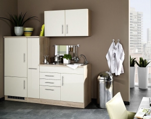 Held Möbel Singleküche Toronto 190 cm creme hochglanz mit Apothekerschrank Kühlschrank Kochmulde und Einbauspüle 782.1.6509