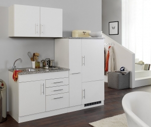 Held Möbel Singleküche Toronto 190 cm weiß matt mit Apothekerauszug Kühlschrank Kochfeld und Einbauspüle 782.1.6513