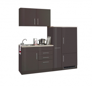 Held Möbel Singleküche Toronto 190 cm graphit hochglanz mit Apothekerschrank Kühlschrank Kochmulde und Einbauspüle 782.1.6511