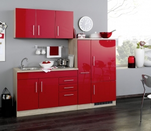 Held Möbel Singleküche Toronto 210 cm rot hochglanz mit Apothekerschrank Kühlschrank Kochmulde und Einbauspüle 783.1.6508