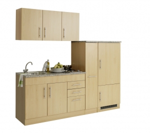 Held Möbel Singleküche Toronto 210 cm Buche Nachbildung mit Apothekerschrank Kühlschrank Kochmulde und Einbauspüle 783.1.6510