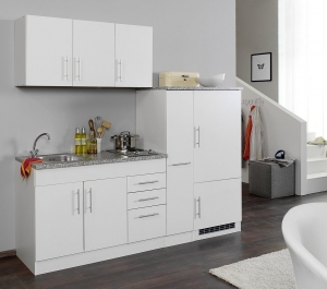 Held Möbel Singleküche Toronto 210 cm weiß matt mit Apothekerauszug Kühlschrank Kochfeld und Einbauspüle 783.1.6513