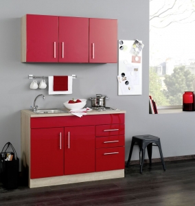 Held Möbel Singleküche Toronto 120 cm rot hochglanz mit Kochmulde und Einbauspüle in Edelstahl 978.6508