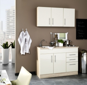 Held Möbel Singleküche Toronto 120 cm creme hochglanz mit Kochmulde und Einbauspüle in Edelstahl 978.6509