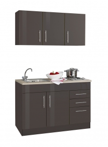 Held Möbel Singleküche Toronto 120 cm graphit hochglanz mit Kochmulde und Einbauspüle in Edelstahl 978.6511