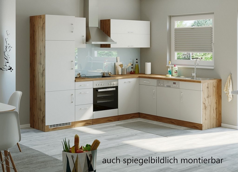 Held Möbel Winkel Eck Küche Sorrento weiß 270 x 210 cm mit Herd Glaskeramik  Kochfeld Geschirrspüler Dunsthaube Spüle