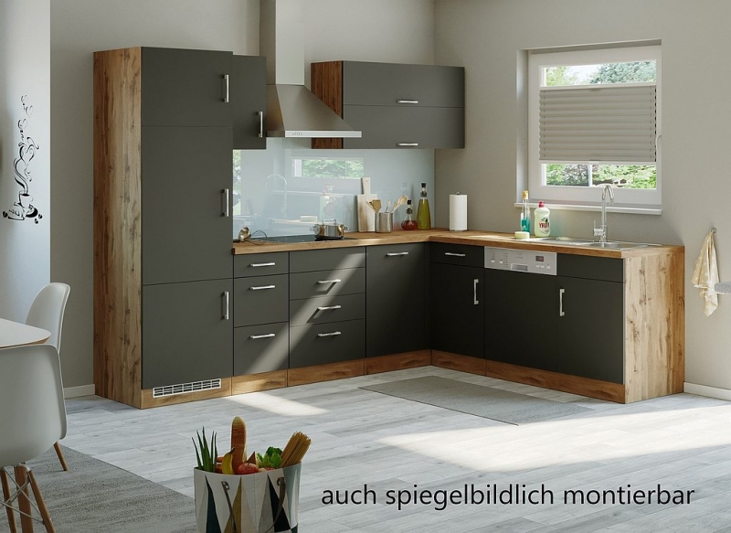 Held Möbel Winkel Eck Küche Sorrento anthrazit 270 x 210 cm mit Herd  Glaskeramik Kochfeld Geschirrspüler Dunsthaube Spüle