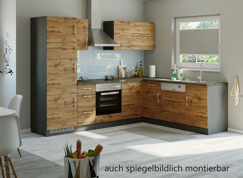 Held Möbel Winkel Eck Küche Sorrento Wotaneiche Nachbildung / graphit grau  270 x 210 cm mit Spüle ohne Elektrogeräte