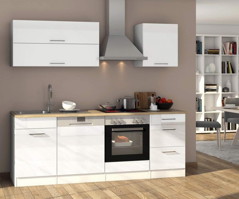 Held Möbel Küchenblock Mailand 220 cm weiß hochglanz ohne Elektrogeräte  (Geschirrspüler geeignet)