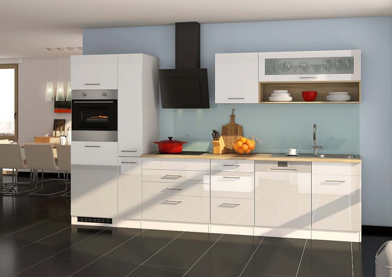 Held Möbel Küchenblock Mailand 330 cm mit Apothekerauszug weiß hochglanz  ohne Elektrogeröte