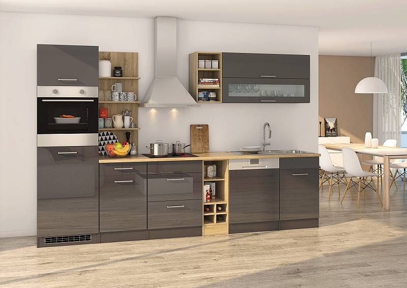Held Möbel Küchenblock Mailand 310 cm mit Geschirrspüler grau hochglanz