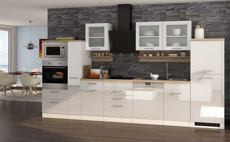 Held Möbel Küchenblock Mailand 370 cm mit Apothekerauszug weiß hochglanz  ohne Elektrogeräte | Hängeschränke