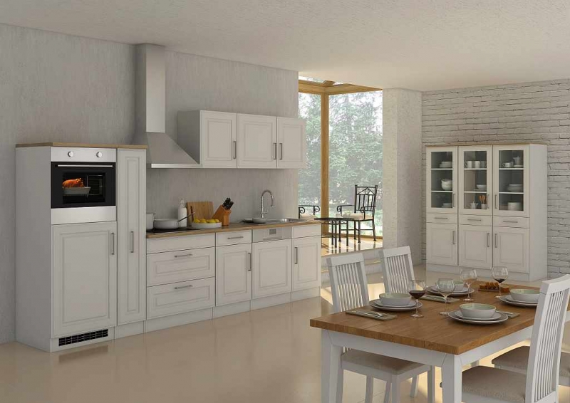 Held Möbel Küchenblock Rom 330 cm mit Apothekerschrank im Landhaus Stil weiß  matt ohne Elektrogeräte