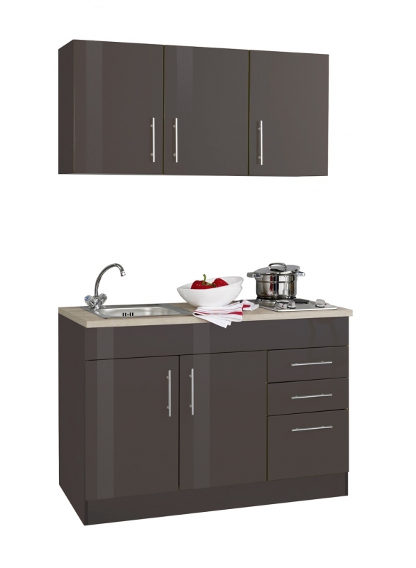 Held Möbel Singleküche Toronto 120 cm graphit hochglanz mit Kochmulde und  Einbauspüle in Edelstahl | Tischplatten