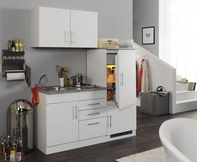 Singleküche matt Kühlschrank in mit cm und Möbel Kochfeld Held Toronto weiß Einbauspüle 160 Edelstahl