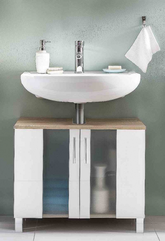 Trendteam Badezimmer Waschbeckenunterschrank Porto 168830141 in weiß mit  satiniertem Glas